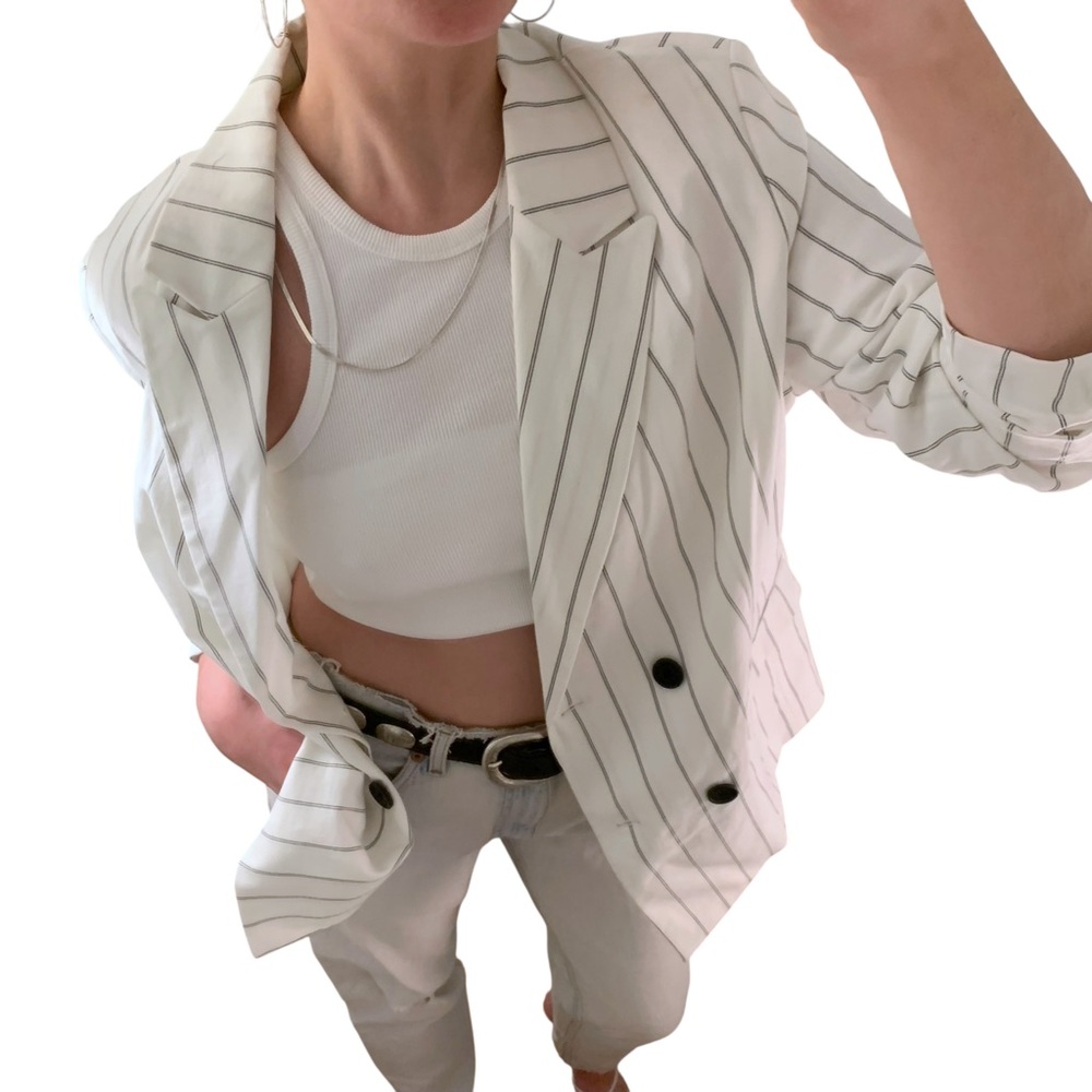 NWOT A NEW DAY 100% Cotton White Black Pinstripe Double Breasted Blazer - sz 16W - Picture 4 of 16